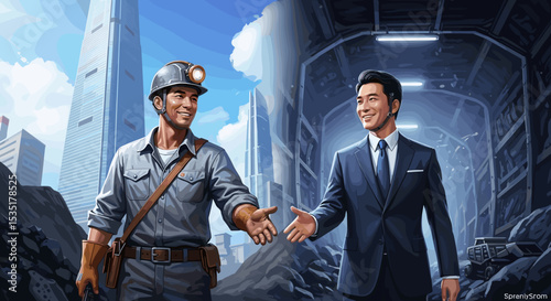 Miner and Businessman Shaking Hands in Urban Background for Industry Collaborations, Corporate Partnerships, Professional Networking, and Construction Projects