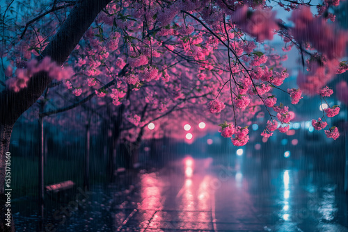 Pink Cherry Blossoms in Rainy City at Night