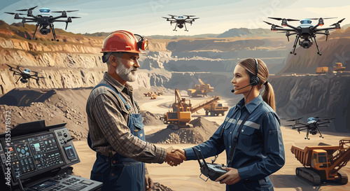 Miner Shaking Hands with Drone Operator in Quarry for Industry Innovation, Mining Collaboration, Technology Integration, and Corporate Partnerships
