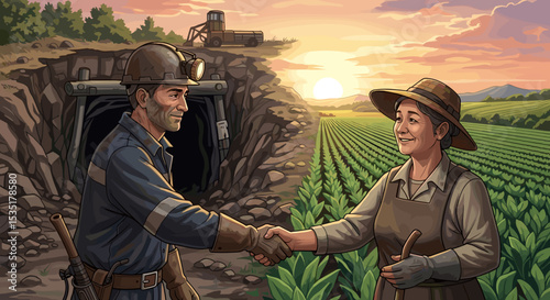Miner and Farmer Shaking Hands at Sunset on Agricultural Land for Community Collaboration, Industry Partnerships, Environmental Awareness, and Social Progress Initiatives