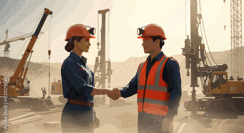 Construction Workers Shaking Hands on Job Site with Heavy Machinery for Business Partnerships, Industry Projects, Team Collaboration, and Construction Management Education