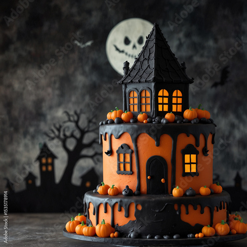 halloween background with haunted house and pumpkin