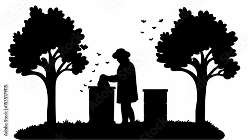 Silhouette of beekeeper tending to beehives surrounded by trees and bees in a monochrome illustration | eps vectors