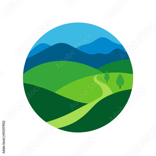 Simple Rolling Hills Vector Logo Icon in a Circle