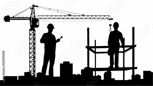 Silhouette of construction workers on scaffolding with crane and city skyline for background use | eps vectors