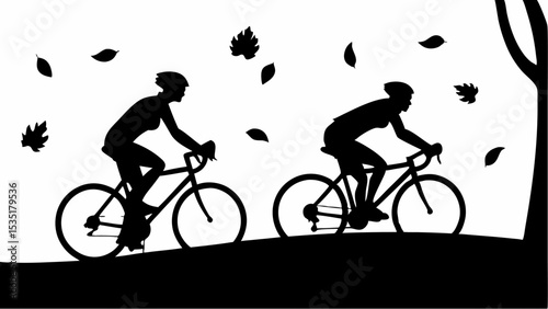 Silhouette of two cyclists riding bikes with falling leaves and a tree in black and white style image | eps vectors