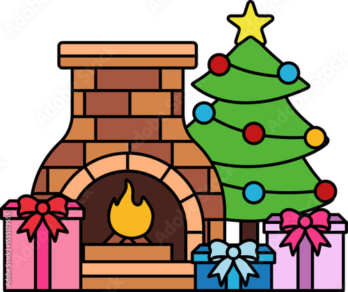 A fireplace with a Christmas tree and presents in front of it