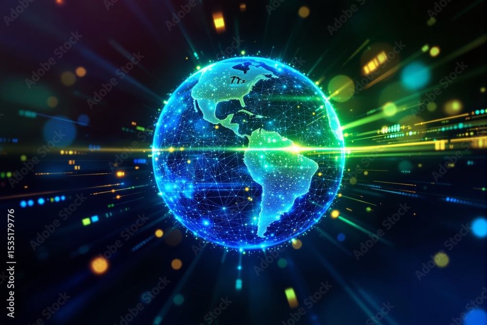 Obraz premium Glowing digital Earth with data network connections and light streaks.