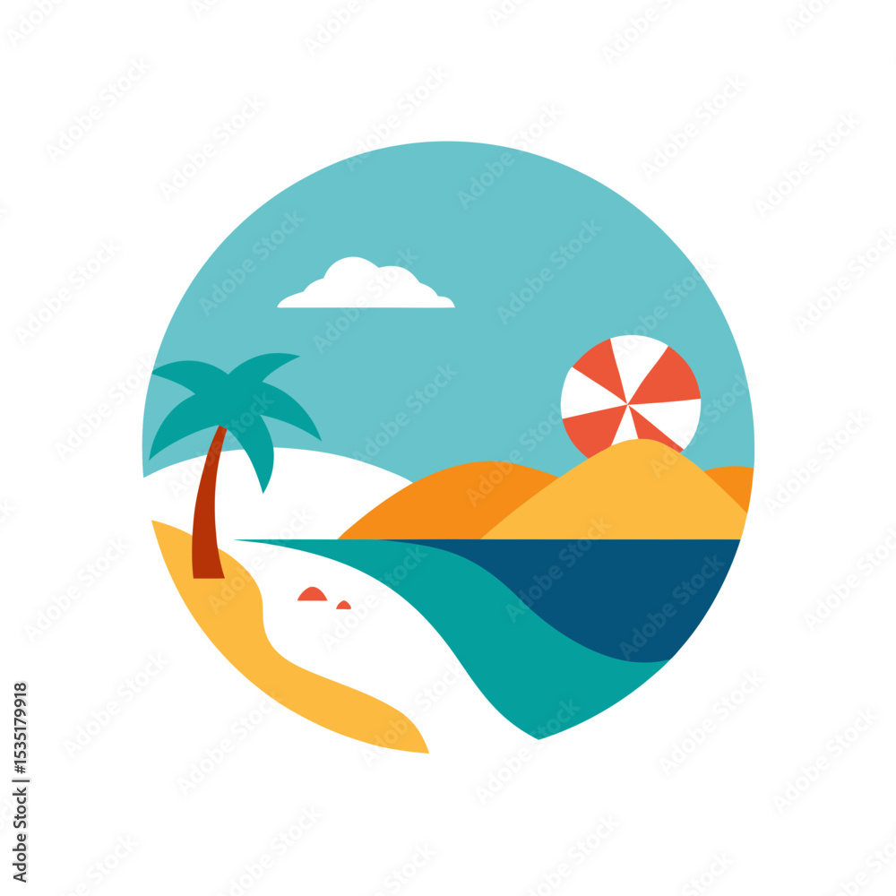 Obraz premium Summer Beach Scene Vector Logo Icon Clipart in a Circle