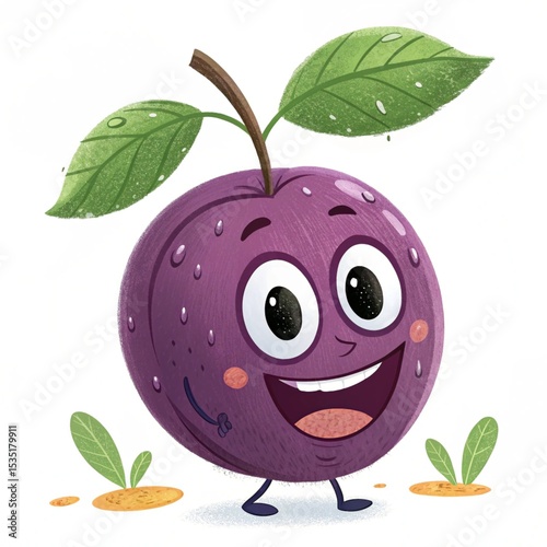 Happy Plum Cartoon Character with Leaves, Standing, Smiling on White Background