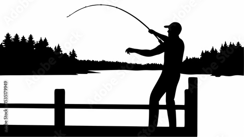 Silhouette of a fisherman casting a fishing rod from a pier with trees in the background on a lake | eps vectors