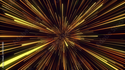 Futuristic hyperspace star travel. Abstract light ray on the speed. Explosion in universe. Movements galaxy in infinity. Warp jump background. Hyperspeed firework. Perspective lines. 3D rendering.