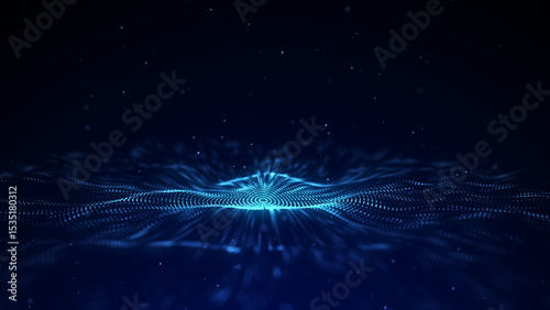 3D futuristic circle wave. Abstract digital background. Glowing music sound wave with dots and lines. Technology backdrop with moving particles. Graphic effect network connection. 3D rendering.