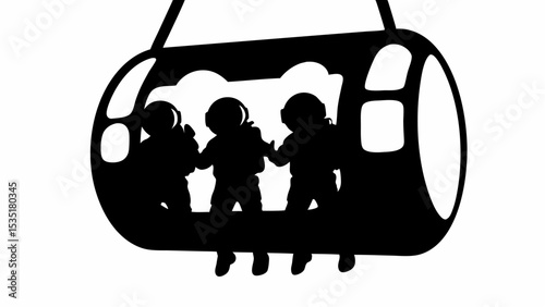 Silhouette of three astronauts inside a space capsule hanging from above with a white background view area | eps vectors