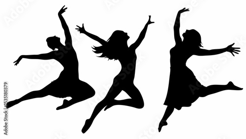 Silhouettes of three women in dynamic poses suggesting dance or movement and celebration in black color | eps vectors