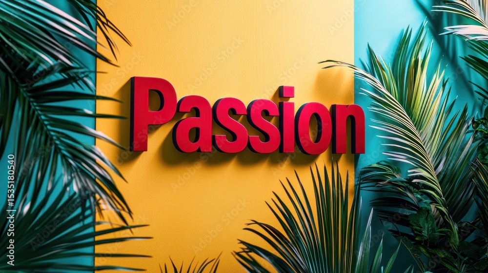 Obraz premium Bright red passion sign on vibrant yellow and teal background surrounded by lush green leaves in an indoor space