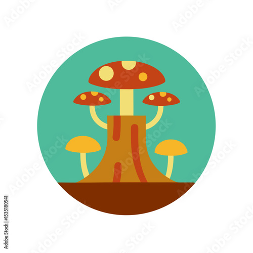Tree Stump with Mushrooms Vector Logo Icon in a Circle