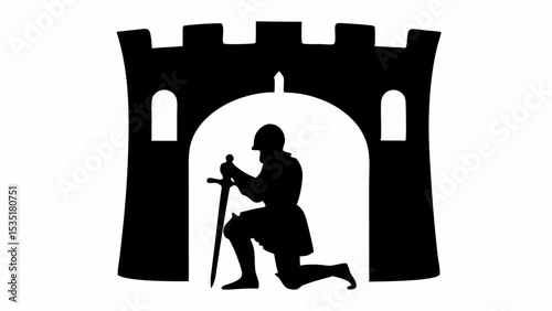Silhouette of a kneeling knight holding a sword inside a castle gate with a white background is shown | eps vectors