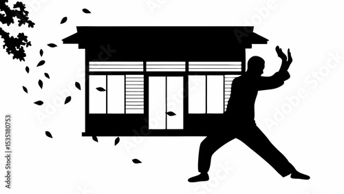 Silhouette of a man in a tai chi pose next to a house with leaves falling from a tree branch near by | eps vectors