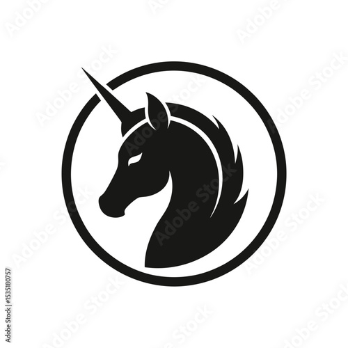 Mystical Unicorn Head Silhouette Vector Logo Icon in a Circle