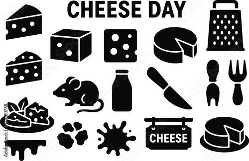 Black silhouette icon set for Cheese Day. Includes solid black icons of cheese wedges,