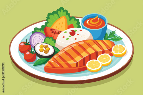 Delicious Grilled Salmon with Rice, Vegetables, and Dipping Sauce A Healthy and Flavorful Meal