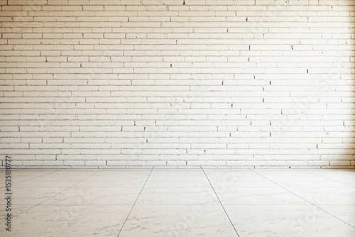 Empty white brick wall with tiled floor background.