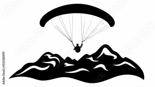 Silhouette of a paraglider flying over a mountain range with a black and white color scheme design image | eps vectors