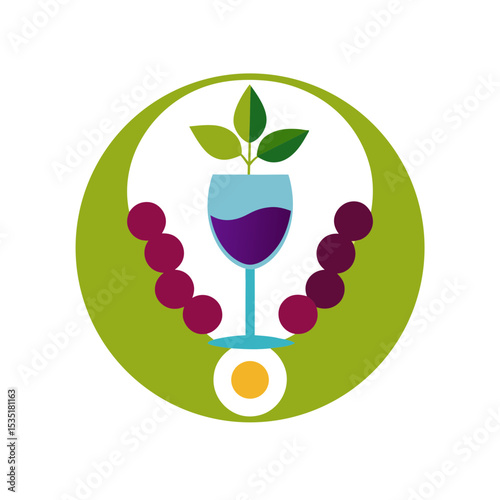 Simple Wine Glass and Grapes Vector Logo Icon in a Circle