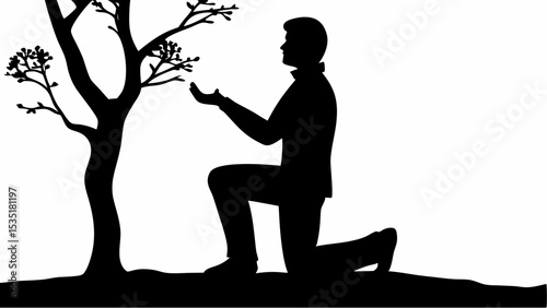 Silhouette of a man kneeling by a tree with outstretched hands in a black and white illustration | eps vectors