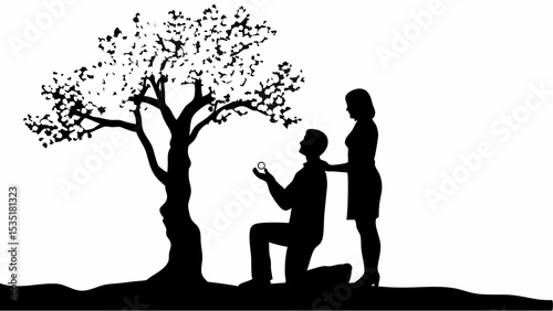 Silhouette of a man proposing to a woman under a tree with a ring in his hands in black and white | eps vectors