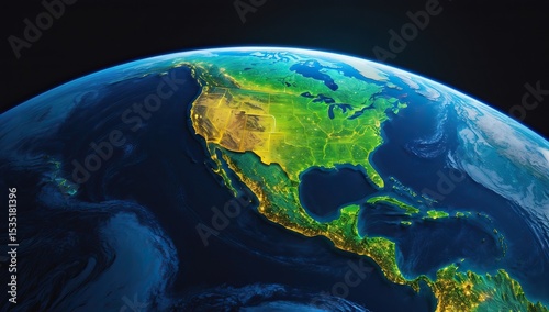 Illustration of North America from Space with Topographical Relief and Yellow Borders of Countries and States