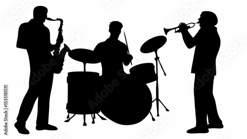 Silhouette of jazz band performing with saxophone trumpet and drums on a white background scene here | eps vectors