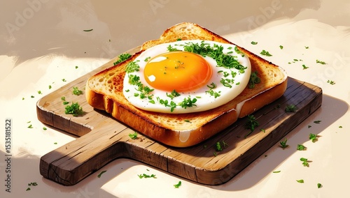 Illustration of Toast with a Fried Egg and Herb Garnish on a Wooden Board
