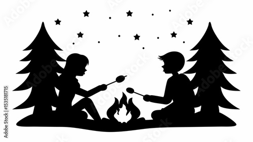 Silhouette of children roasting marshmallows at a campfire under the stars between two pine trees at night | eps vectors