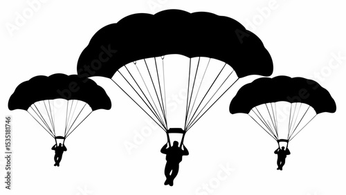 Three parachutists descending with parachutes in silhouette against a white background in the sky above | eps vectors