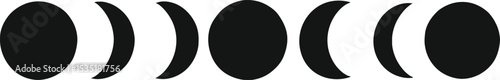 A set collection of moon phases in black silhouettes: new moon, crescent, half moon, gibbous, and full moon 