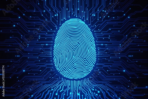 Glowing digital fingerprint with circuit connections on dark background.