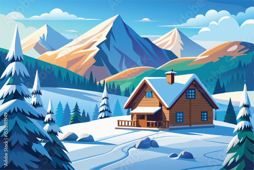Cozy Winter Cabin Escape Mountain Scenery Illustration