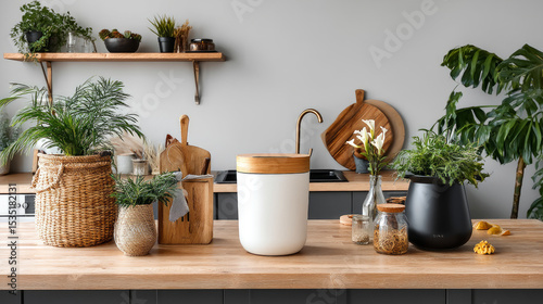 Wallpaper Mural Colorful bins for sorting of plastic, paper garbage and organic waste at home. Modern kitchen with a system for sorting waste. Waste Separation Concept. Zero waste. Eco-friendly. Torontodigital.ca