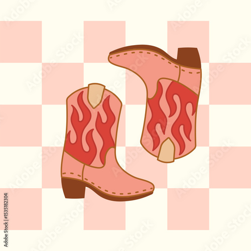 Flame cowboy boots illustration on checkers