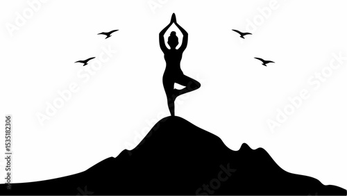 Silhouette of a woman in tree pose on a mountain top with birds flying in the sky in black and white art | eps vectors