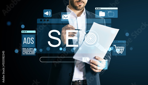 Businessman analyzing SEO strategy with digital marketing icons and ecommerce...