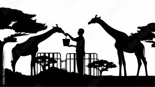 Silhouette of a man feeding giraffes near trees and a fence in a black and white wildlife scene | eps vectors