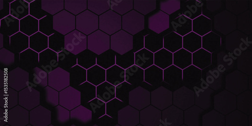 Dark gray and purple horizontal hexagonal technology abstract wide vector background. Purple bright energy flashes under hexagon. Technology futuristic modern wide banner. Dark gray honeycomb texture.