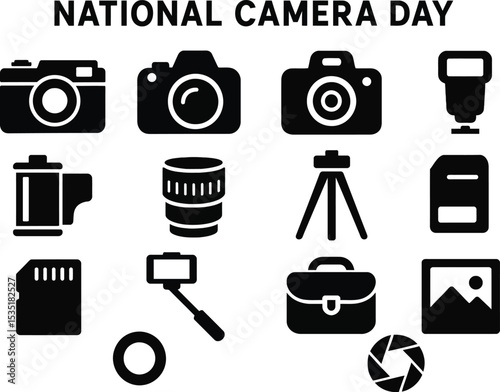 Black silhouette icon set for National Camera Day. 