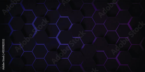 Dark gray and purple horizontal hexagonal technology abstract wide vector background. Purple bright energy flashes under hexagon. Technology futuristic modern wide banner. Dark gray honeycomb texture.
