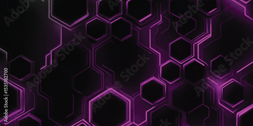 Dark gray and purple horizontal hexagonal technology abstract wide vector background. Purple bright energy flashes under hexagon. Technology futuristic modern wide banner. Dark gray honeycomb texture.