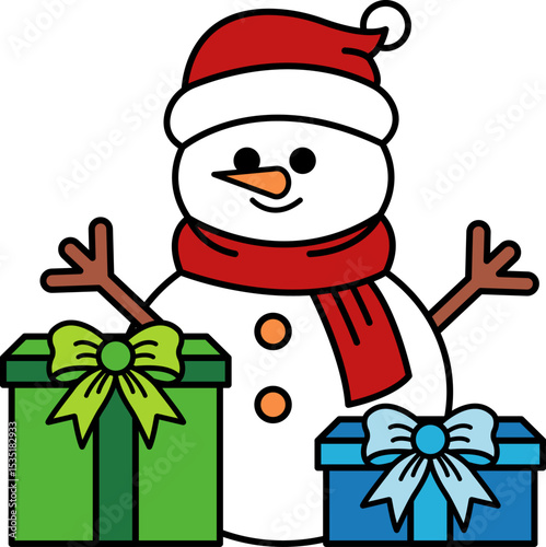snowman wearing red scarf and two gift boxes