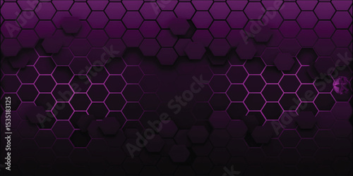 Dark gray and purple horizontal hexagonal technology abstract wide vector background. Purple bright energy flashes under hexagon. Technology futuristic modern wide banner. Dark gray honeycomb texture.